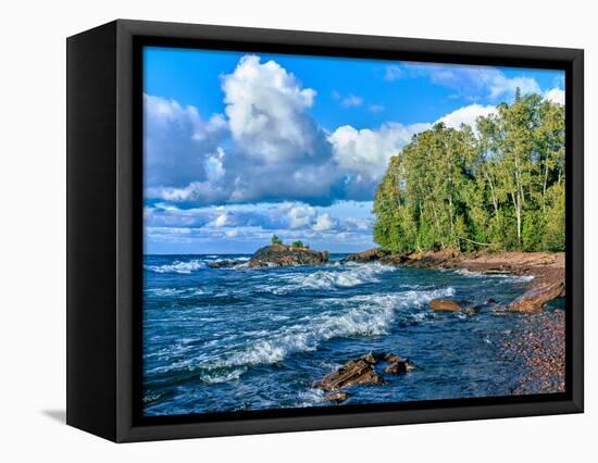 View of lakeshore against cloudy sky, Great Sand Bay, Lake Superior, Keweenaw Peninsula, Upper P...-null-Framed Stretched Canvas