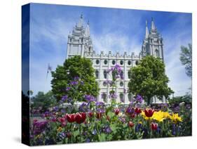 View of Lds Temple with Flowers in Foreground, Salt Lake City, Utah, USA-Scott T. Smith-Stretched Canvas