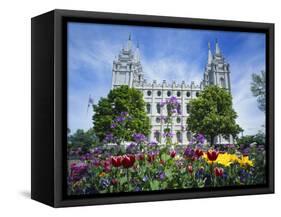 View of Lds Temple with Flowers in Foreground, Salt Lake City, Utah, USA-Scott T. Smith-Framed Stretched Canvas