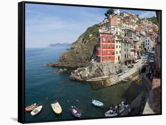 View of little harbor of Riomaggiore, La Spezia, Liguria, Italy-null-Framed Stretched Canvas