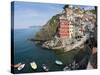 View of little harbor of Riomaggiore, La Spezia, Liguria, Italy-null-Stretched Canvas