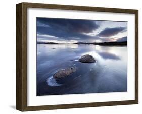 View of Loch Ba' at Dawn, Loch Partly Frozen With Two Large Rocks Protruding From the Ice, Scotland-Lee Frost-Framed Photographic Print