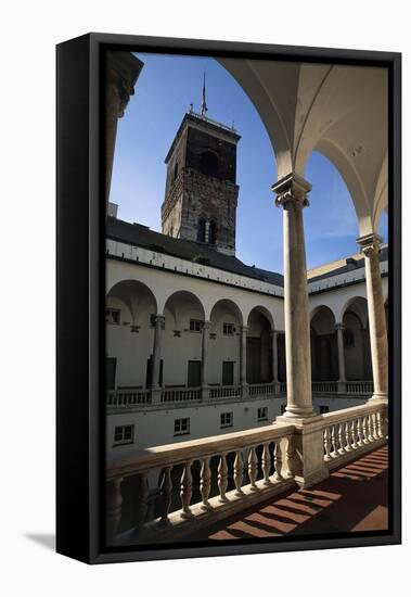 View of Loggia Maior of Ducal Palace with Grimaldina Tower in Background, Genoa, Liguria, Italy-null-Framed Stretched Canvas