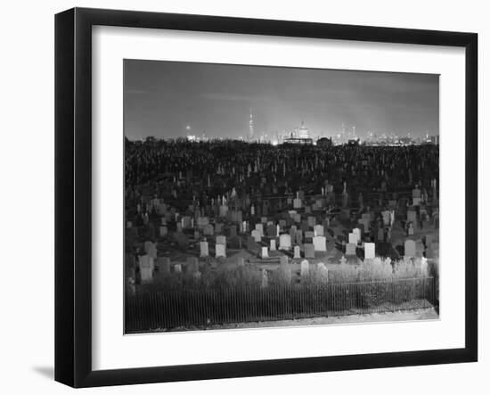 View of Manhattan above Queens Cemetery-null-Framed Premium Photographic Print