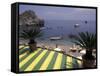 View of Mazzaro Beach from Restaurant, Taormina, Sicily, Italy-Connie Ricca-Framed Stretched Canvas