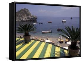 View of Mazzaro Beach from Restaurant, Taormina, Sicily, Italy-Connie Ricca-Framed Stretched Canvas