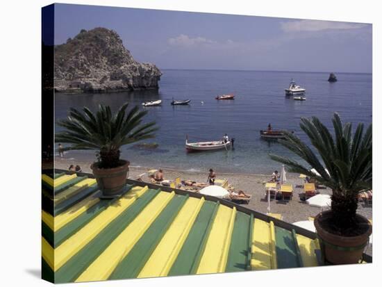 View of Mazzaro Beach from Restaurant, Taormina, Sicily, Italy-Connie Ricca-Stretched Canvas