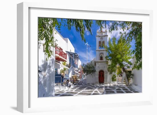 View of Metropolitan Church in cobbled street, Mykonos Town, Mykonos, Cyclades Islands, Aegean Sea-Frank Fell-Framed Photographic Print