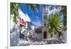 View of Metropolitan Church in cobbled street, Mykonos Town, Mykonos, Cyclades Islands, Aegean Sea-Frank Fell-Framed Photographic Print