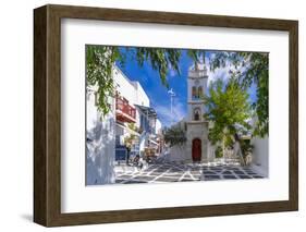 View of Metropolitan Church in cobbled street, Mykonos Town, Mykonos, Cyclades Islands, Aegean Sea-Frank Fell-Framed Photographic Print