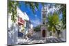 View of Metropolitan Church in cobbled street, Mykonos Town, Mykonos, Cyclades Islands, Aegean Sea-Frank Fell-Mounted Photographic Print