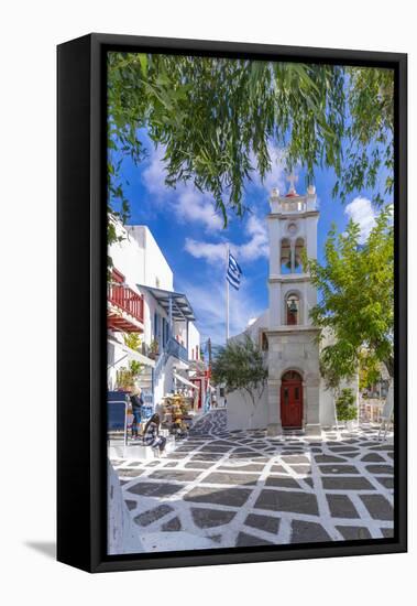 View of Metropolitan Church in cobbled street, Mykonos Town, Mykonos, Cyclades Islands, Aegean Sea-Frank Fell-Framed Stretched Canvas