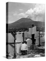 View of Mount Vesuvius from the Town of Torre Annunciata with Men Tending to Drying Pasta-Alfred Eisenstaedt-Stretched Canvas