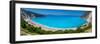 View of Myrtos Beach, coastline, sea and hills near Agkonas, Kefalonia, Ionian Islands-Frank Fell-Framed Photographic Print