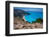 View of Myrtos Beach, coastline, sea and hills near Agkonas, Kefalonia, Ionian Islands-Frank Fell-Framed Photographic Print