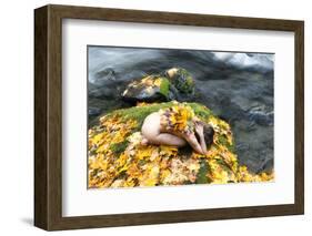 View of naked woman in yoga pose, Rocky Brook Falls, Brinnon, Washington, USA-Panoramic Images-Framed Photographic Print