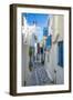 View of narrow street, Mykonos Town, Mykonos, Cyclades Islands, Greek Islands, Aegean Sea, Greece-Frank Fell-Framed Photographic Print
