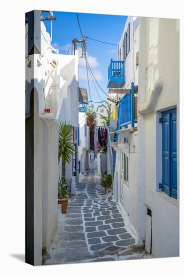 View of narrow street, Mykonos Town, Mykonos, Cyclades Islands, Greek Islands, Aegean Sea, Greece-Frank Fell-Stretched Canvas