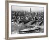 View of New York City Skyline with the S.S. Queen Mary Docking at the 51st Street Pier-null-Framed Photographic Print