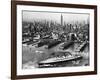 View of New York City Skyline with the S.S. Queen Mary Docking at the 51st Street Pier-null-Framed Photographic Print