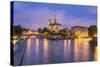 View of Notre Dame De Paris and its Flying Buttresses across the River Seine at Blue Hour, Paris-Aneesh Kothari-Stretched Canvas