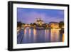 View of Notre Dame De Paris and its Flying Buttresses across the River Seine at Blue Hour, Paris-Aneesh Kothari-Framed Photographic Print