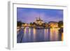 View of Notre Dame De Paris and its Flying Buttresses across the River Seine at Blue Hour, Paris-Aneesh Kothari-Framed Photographic Print