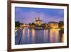 View of Notre Dame De Paris and its Flying Buttresses across the River Seine at Blue Hour, Paris-Aneesh Kothari-Framed Photographic Print