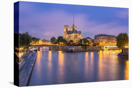 View of Notre Dame De Paris and its Flying Buttresses across the River Seine at Blue Hour, Paris-Aneesh Kothari-Stretched Canvas