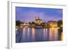 View of Notre Dame De Paris and its Flying Buttresses across the River Seine at Blue Hour, Paris-Aneesh Kothari-Framed Photographic Print