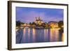 View of Notre Dame De Paris and its Flying Buttresses across the River Seine at Blue Hour, Paris-Aneesh Kothari-Framed Photographic Print