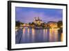 View of Notre Dame De Paris and its Flying Buttresses across the River Seine at Blue Hour, Paris-Aneesh Kothari-Framed Photographic Print