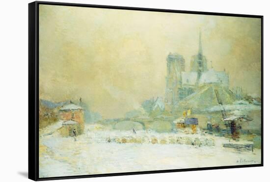 View of Notre Dame, Paris, from the Quai De La Tournelle: Snow Effect; Notre Dame De Paris, Vue…-Albert-Charles Lebourg-Framed Stretched Canvas