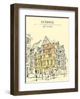 View of Old Center in Hanover, Germany, Europe. Historical Building Line Art. Freehand Drawing With-babayuka-Framed Art Print