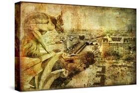 View Of Paris From Notre Dame - Artwork In Retro Style-Maugli-l-Stretched Canvas