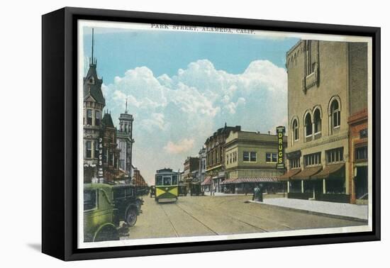 View of Park Street, Street Car - Alameda, CA-Lantern Press-Framed Stretched Canvas