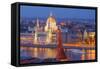View of Parliament Buildings along Danube River at dusk, Budapest, Capital of Hungary-Tom Haseltine-Framed Stretched Canvas
