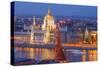 View of Parliament Buildings along Danube River at dusk, Budapest, Capital of Hungary-Tom Haseltine-Stretched Canvas