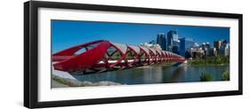 View of Peace Bridge with skylines in the background, Bow River, Calgary, Alberta, Canada-null-Framed Photographic Print