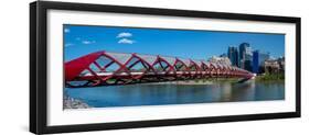 View of Peace Bridge with skylines in the background, Bow River, Calgary, Alberta, Canada-null-Framed Photographic Print