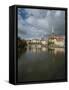 View of Petrikirche from Fussgangerbrucke on Trave Canal-Guido Cozzi-Framed Stretched Canvas