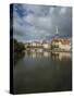 View of Petrikirche from Fussgangerbrucke on Trave Canal-Guido Cozzi-Stretched Canvas