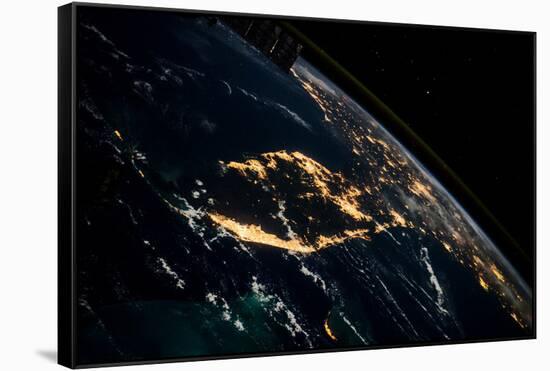 View of planet Earth from space showing night time over Cuba and Florida-null-Framed Stretched Canvas