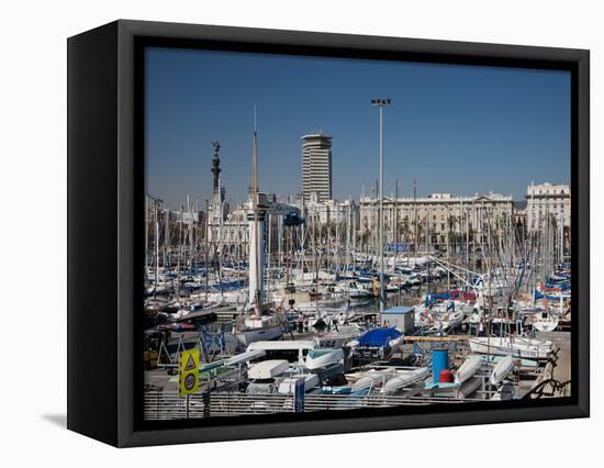 View of Port Vell Showing Columbus Monument, Barcelona, Catalonia, Spain, Europe-Adina Tovy-Framed Stretched Canvas