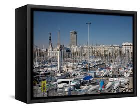 View of Port Vell Showing Columbus Monument, Barcelona, Catalonia, Spain, Europe-Adina Tovy-Framed Stretched Canvas