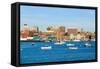 View of Portland Harbor boats with south Portland skyline, Portland, Maine-null-Framed Stretched Canvas