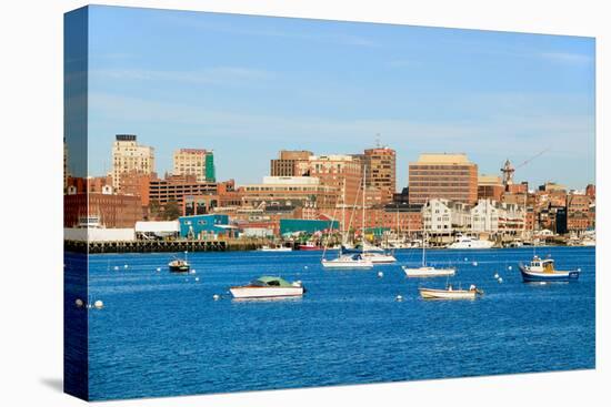 View of Portland Harbor boats with south Portland skyline, Portland, Maine-null-Stretched Canvas