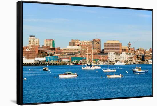 View of Portland Harbor boats with south Portland skyline, Portland, Maine-null-Framed Stretched Canvas