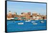 View of Portland Harbor boats with south Portland skyline, Portland, Maine-null-Framed Stretched Canvas