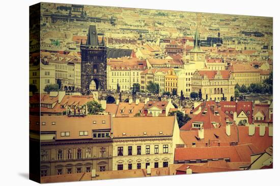 View of Prague with Charles Bridge, Czech Republic, Vintage Retro Style.-Maciej Bledowski-Stretched Canvas